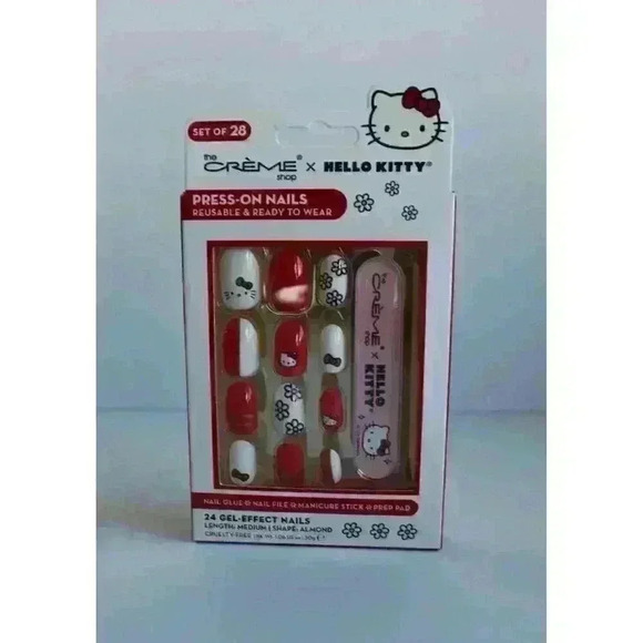 Hello Kitty Other - Creme Shop Hello Kitty Red White Bow Face Set Of 28 Gel Press On Nails NIB
